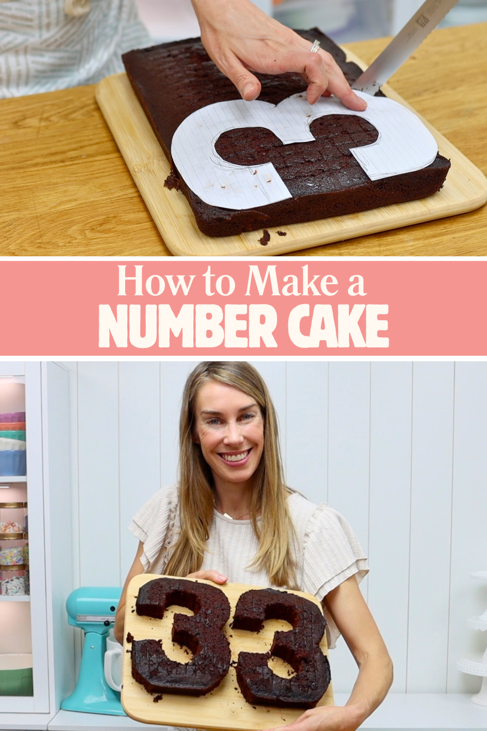 Cutting number cake layers from a sheet cake using a paper template for cakes for kids