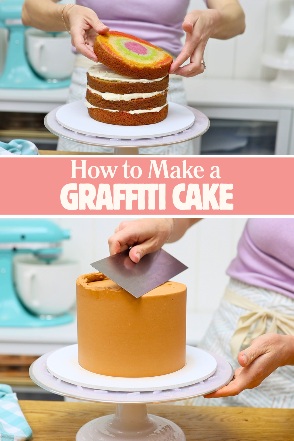 Rainbow cake batter decorated with brick textured frosting as cakes for kids
