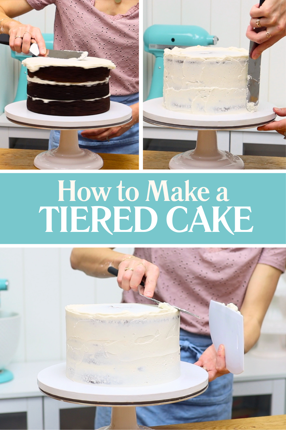 Applying a buttercream crumb coat to cake tiers before assembling a tiered cake