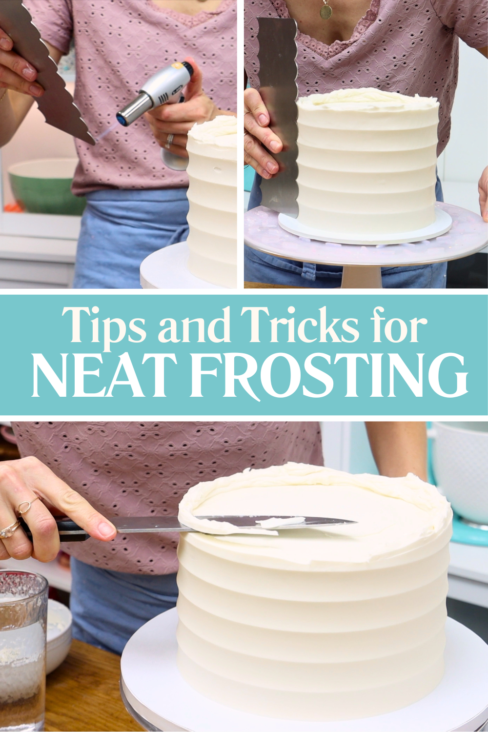 Sharp buttercream edges on a professionally frosted tiered cake