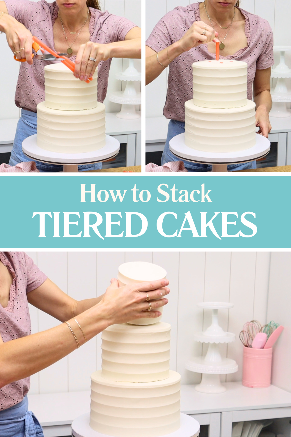 Completed two-tier and three-tier cakes assembled with hidden supports and cake boards