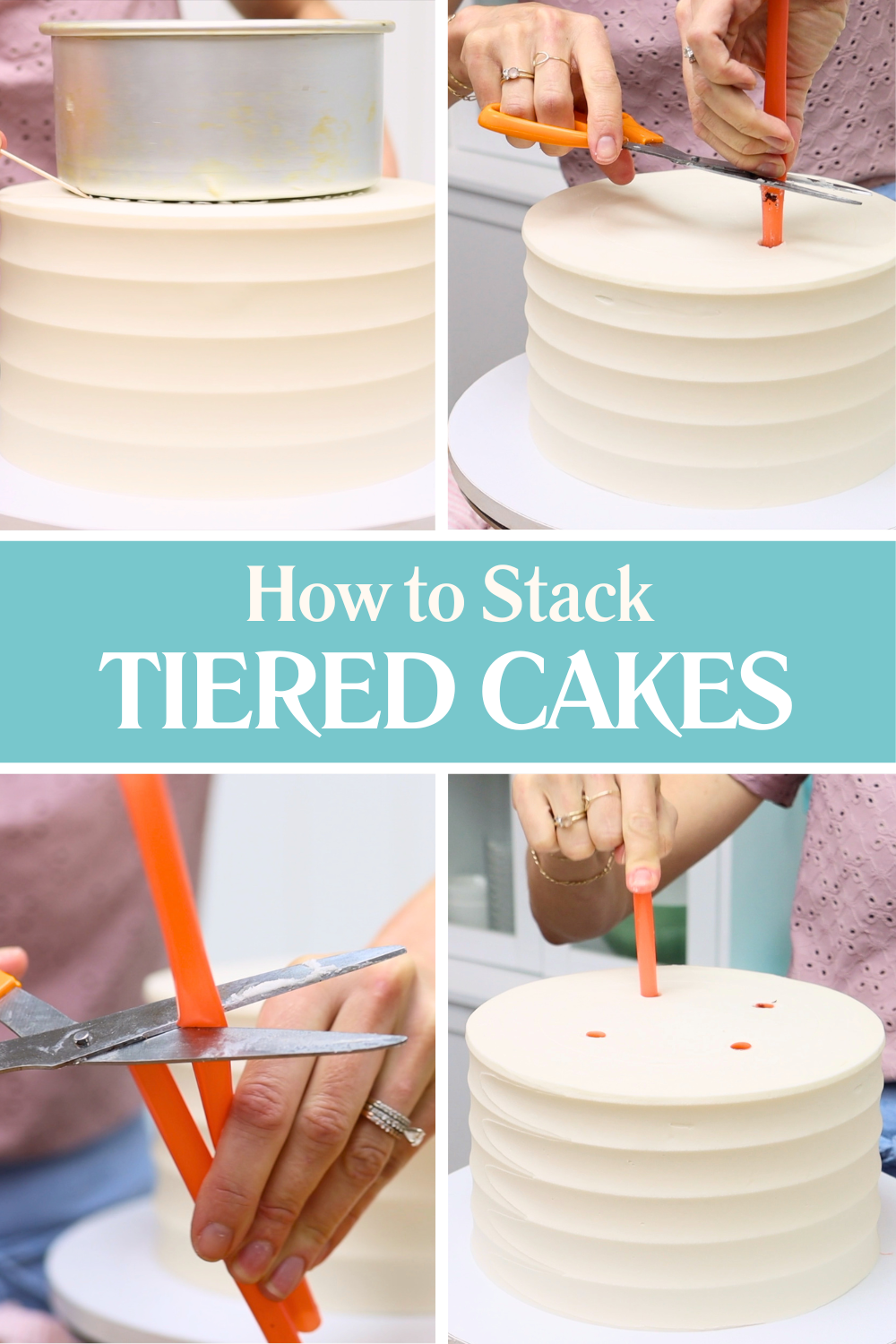 Placing one cake tier onto another while stacking a tiered cake