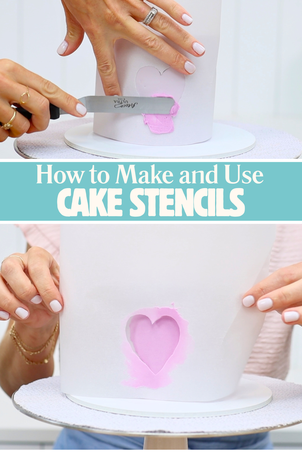 Homemade cake stencil made from parchment paper for decorating a buttercream cake