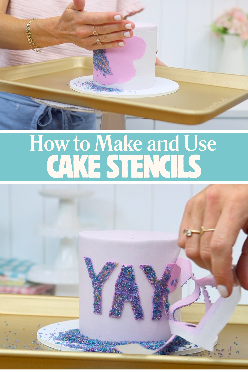 Cake stencil filled with coloured sugar and sprinkles on buttercream frosting