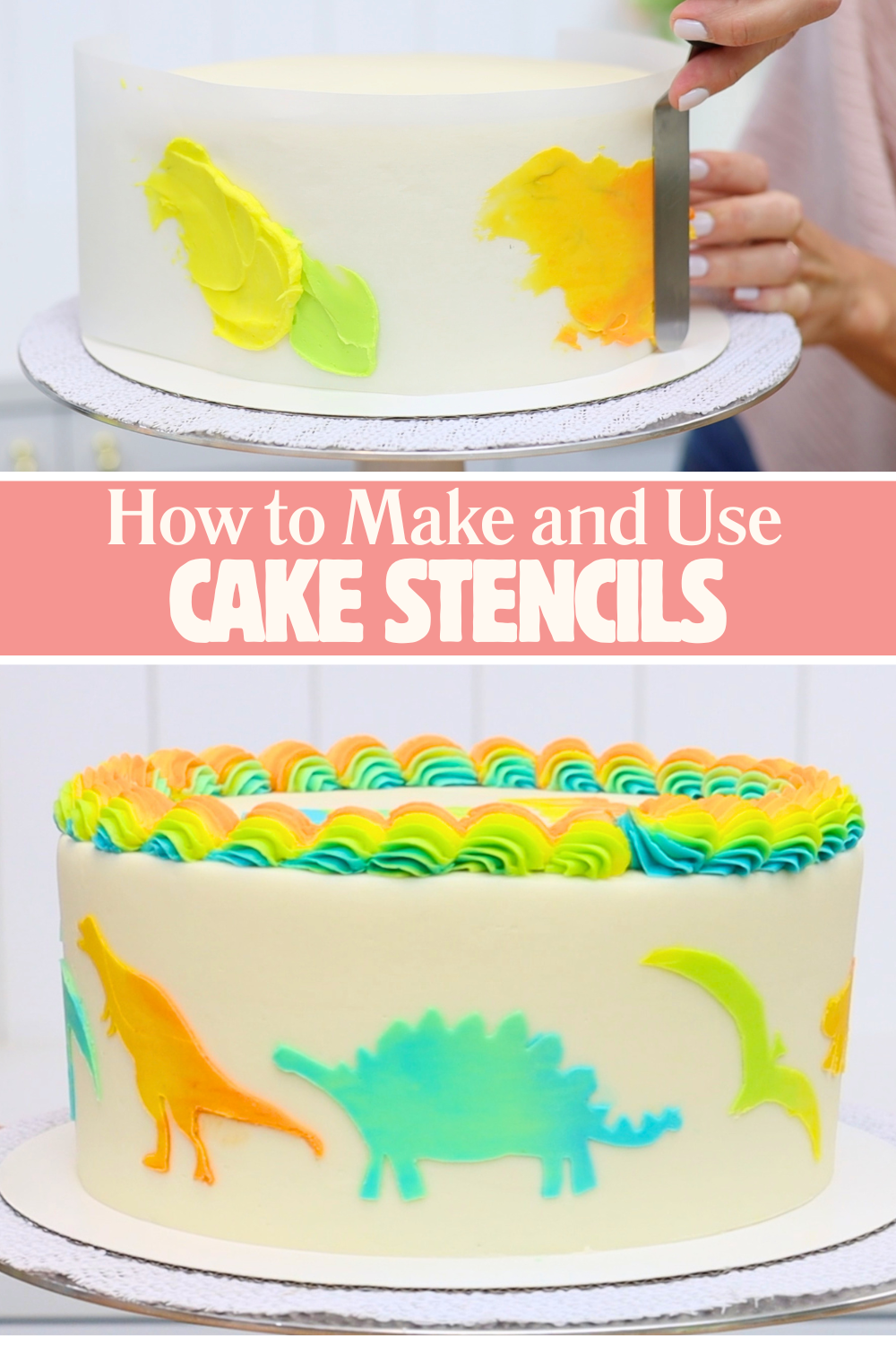 Blended buttercream colours applied over a cake stencil design