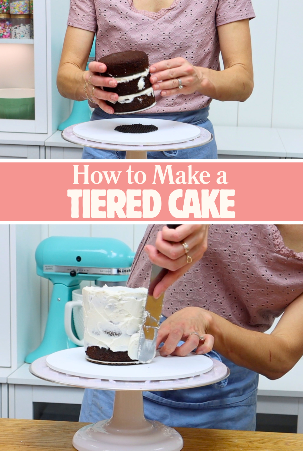 Smooth buttercream frosting being spread onto a chilled cake tier before stacking