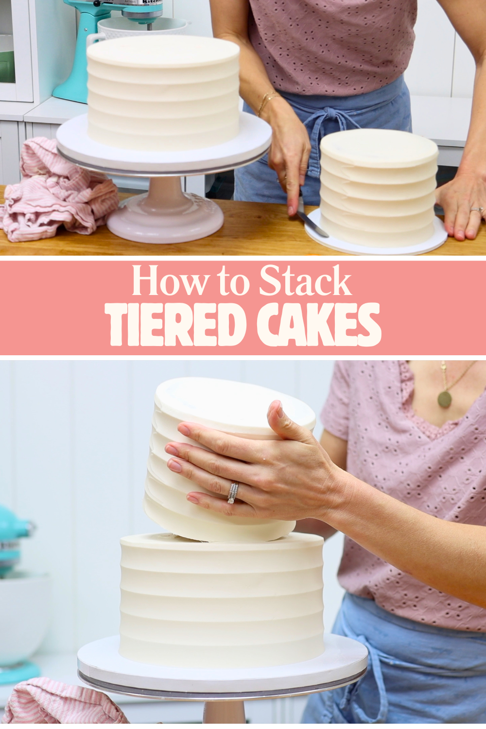 Carefully lowering an upper cake tier onto supports inside a stacked cake