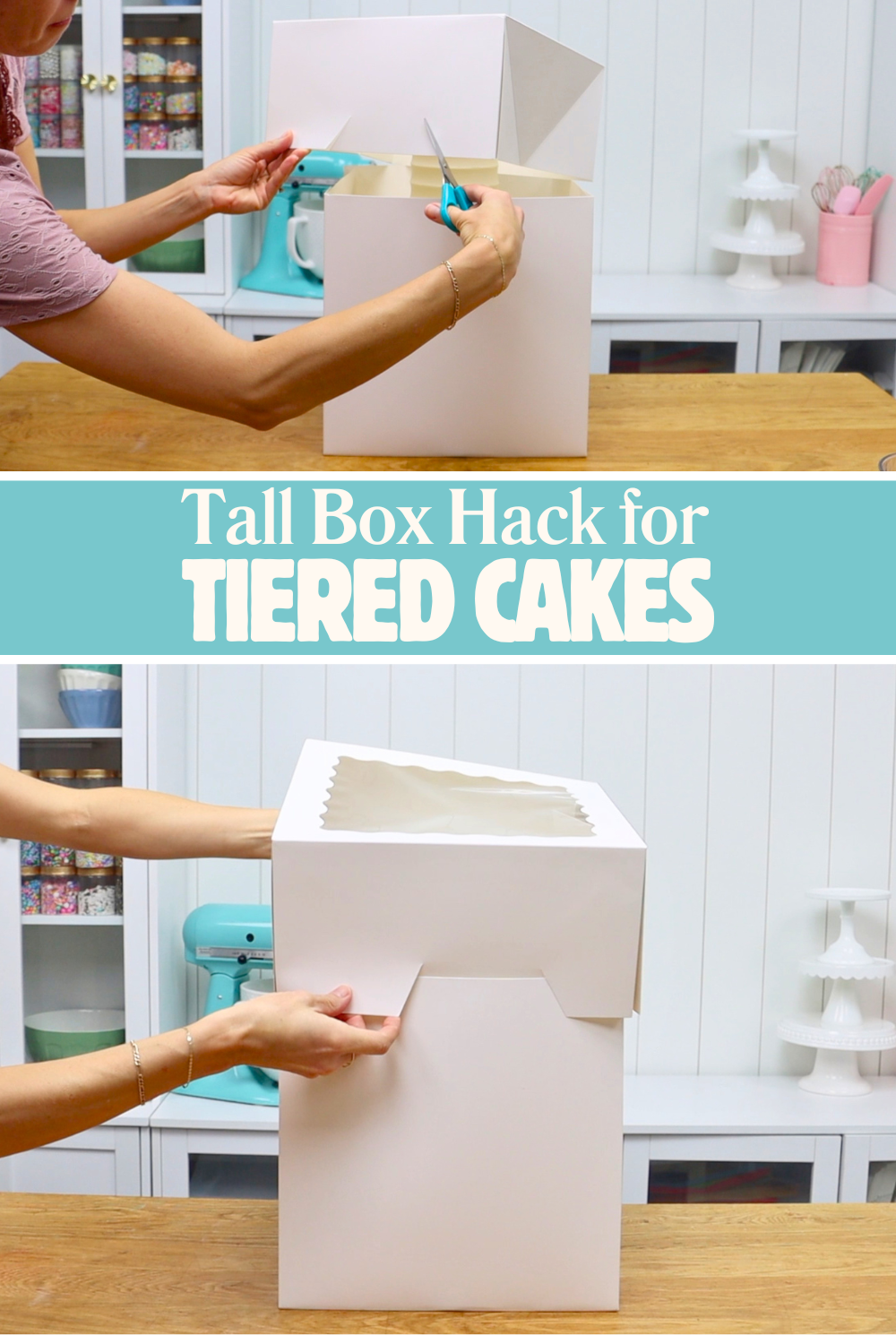 DIY cake box extension made from a second box for transporting a tall tiered cake