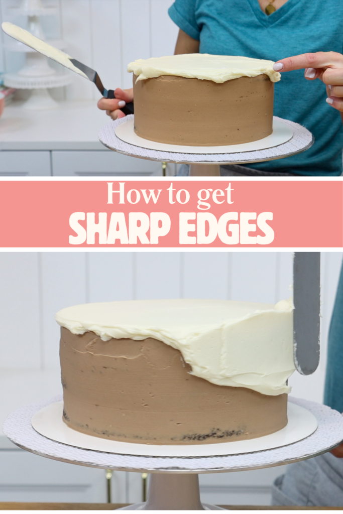 Spreading buttercream above the top of a cake to create sharp frosting edges