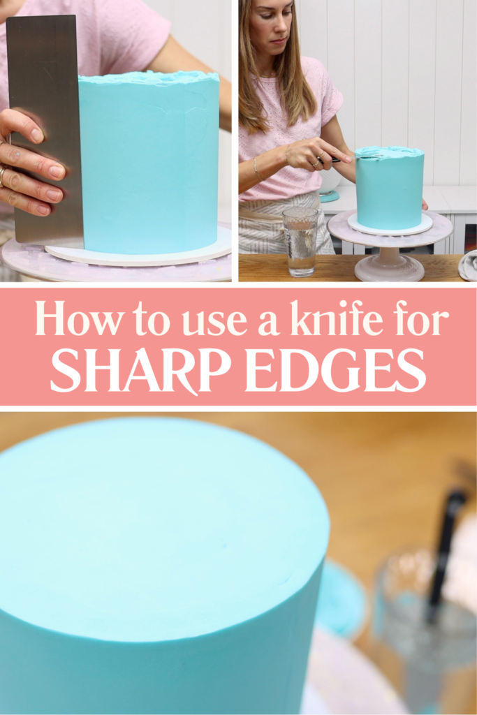Using a knife to create sharp buttercream edges on a frosted cake