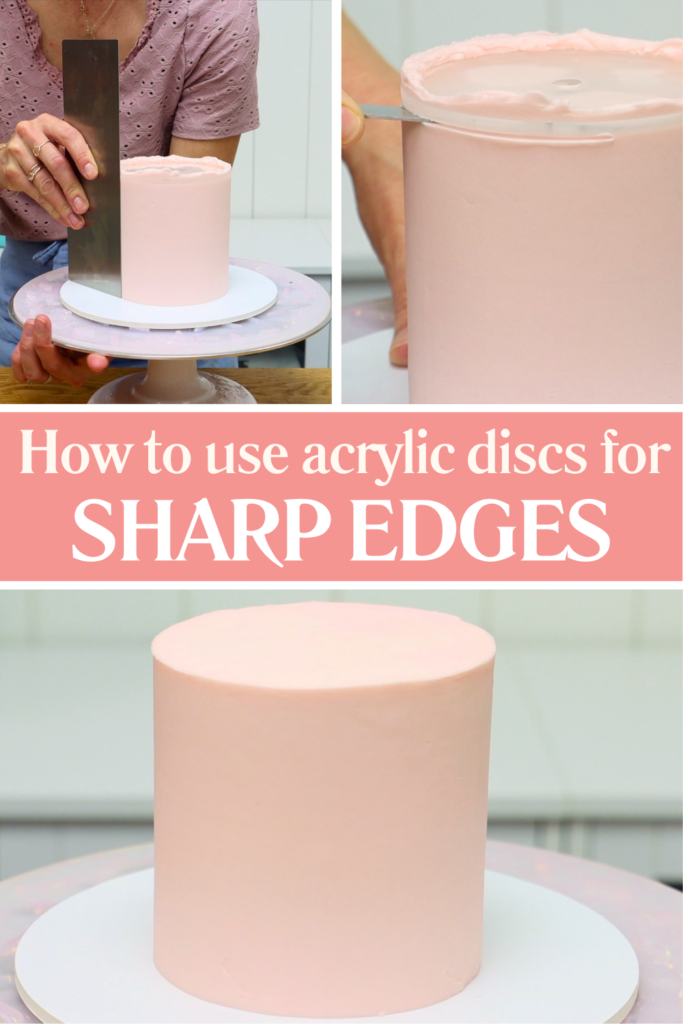 Using acrylic discs to create straight sides and sharp buttercream edges on a cake