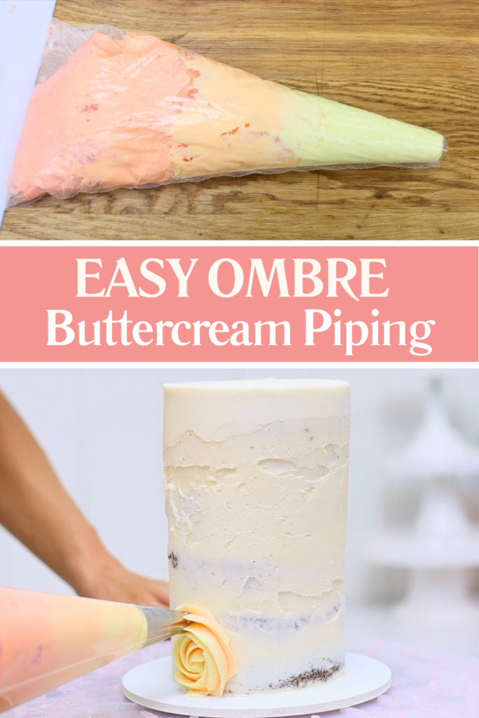 Multiple colours of buttercream layered inside one piping bag to create ombré cake piping.