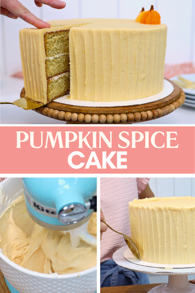 Pumpkin spice layer cake with pumpkin buttercream frosting shown alongside the cake decorating process.