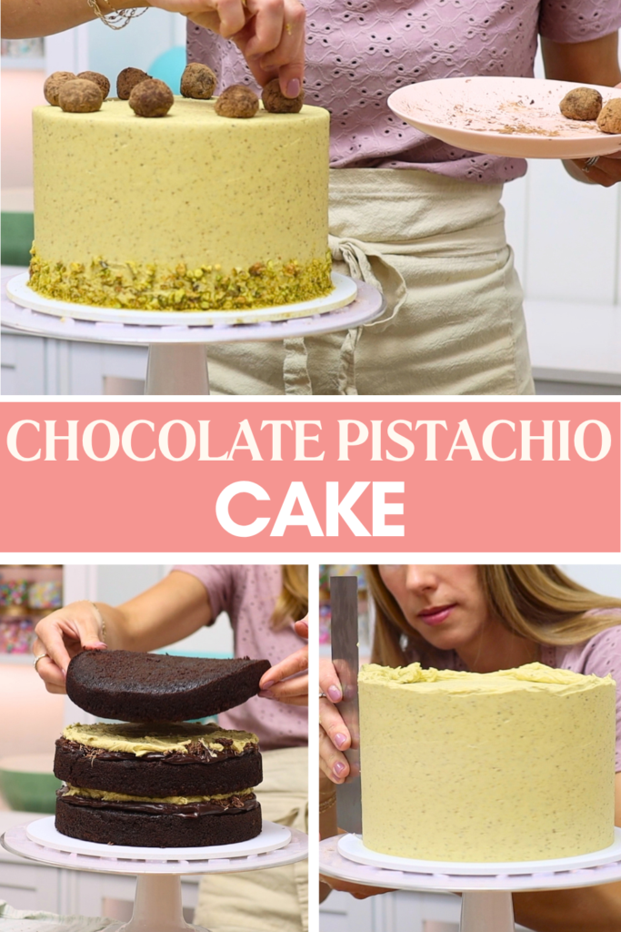 Chocolate pistachio layer cake with pistachio buttercream, chocolate layers and chocolate truffles.