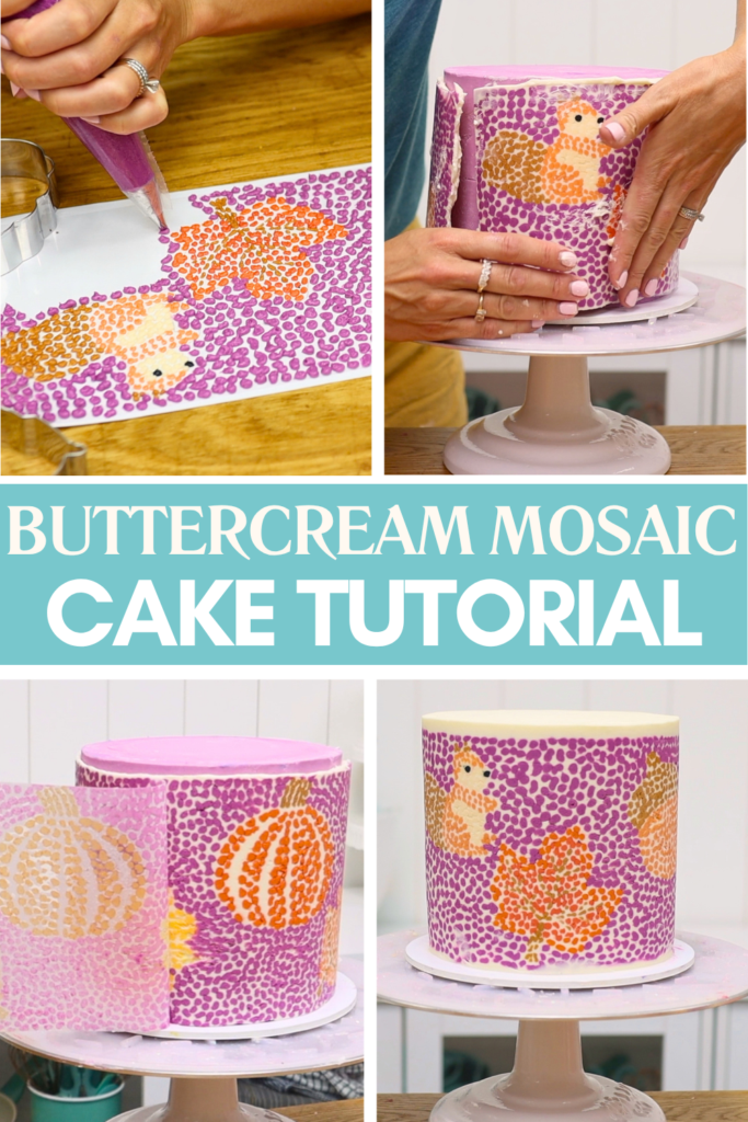 Fall buttercream mosaic cake with colourful piped leaves, pumpkins and autumn shapes.