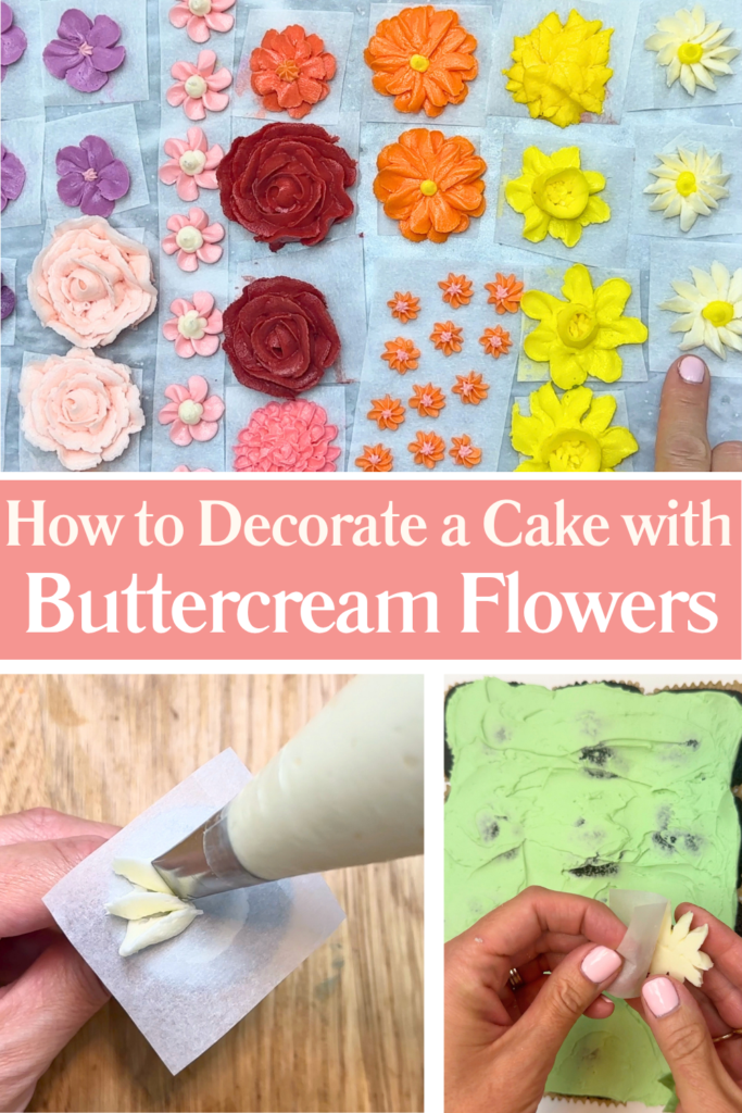 Colourful buttercream flowers piped separately and added to a cupcake cake.