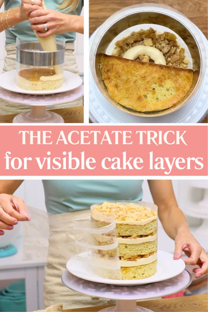 Apple pie layer cake being assembled inside acetate to create neat, visible layers