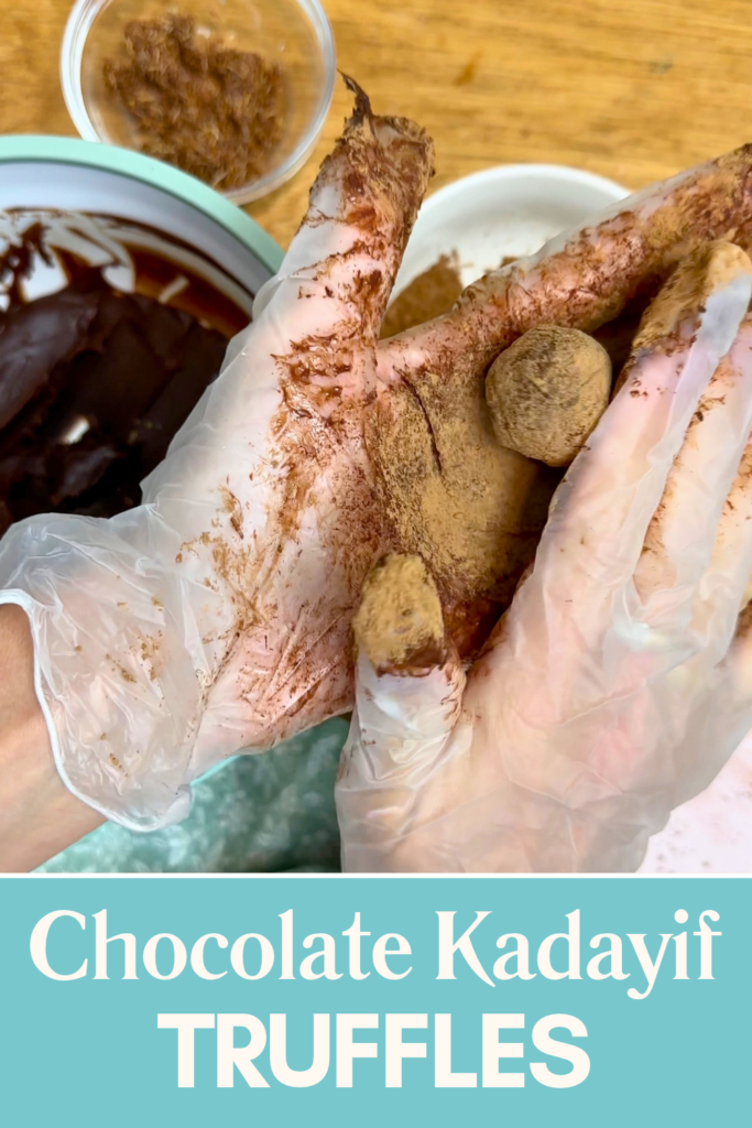 Hands shaping a chocolate kadayif truffle with a bowl of chocolate ganache mixture and shredded pastry in the background.