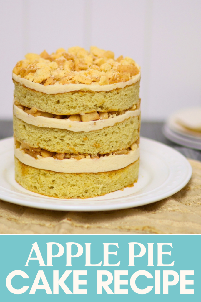 Apple pie layer cake with vanilla cake, brown sugar buttercream, apple filling and cookie crumbles.