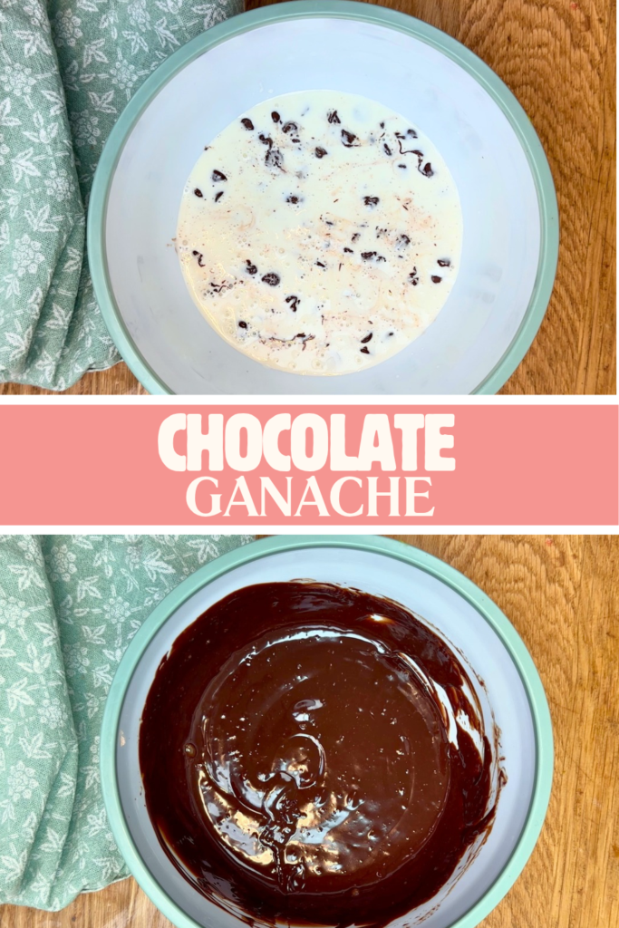 chocolate and cream before mixing and smooth, glossy chocolate ganache after mixing.