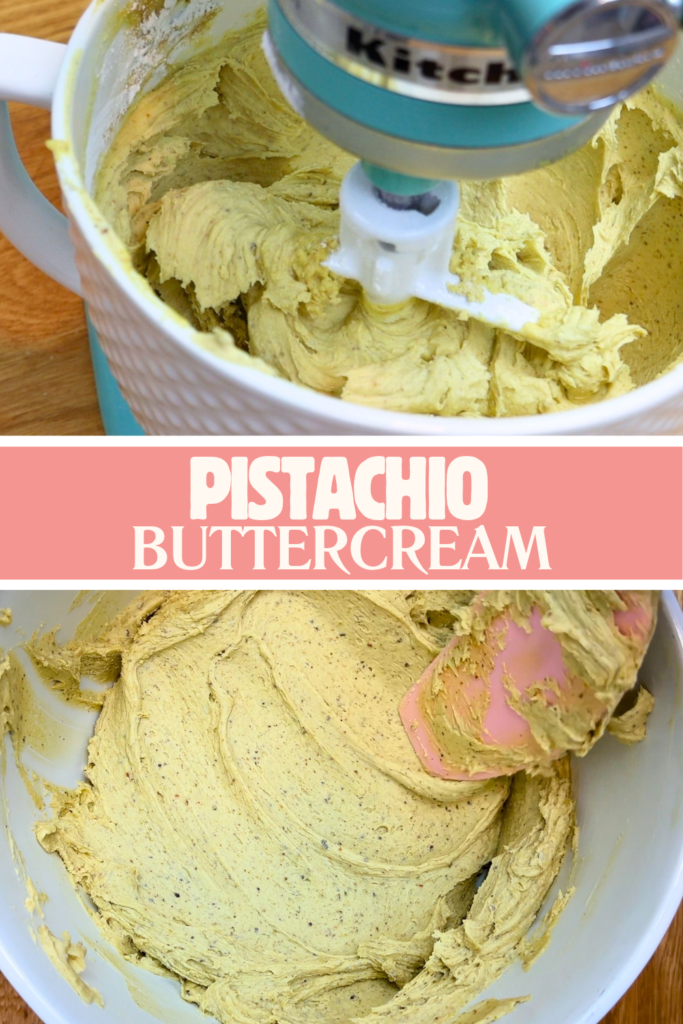 green pistachio buttercream being mixed in a stand mixer with a smooth, creamy texture.