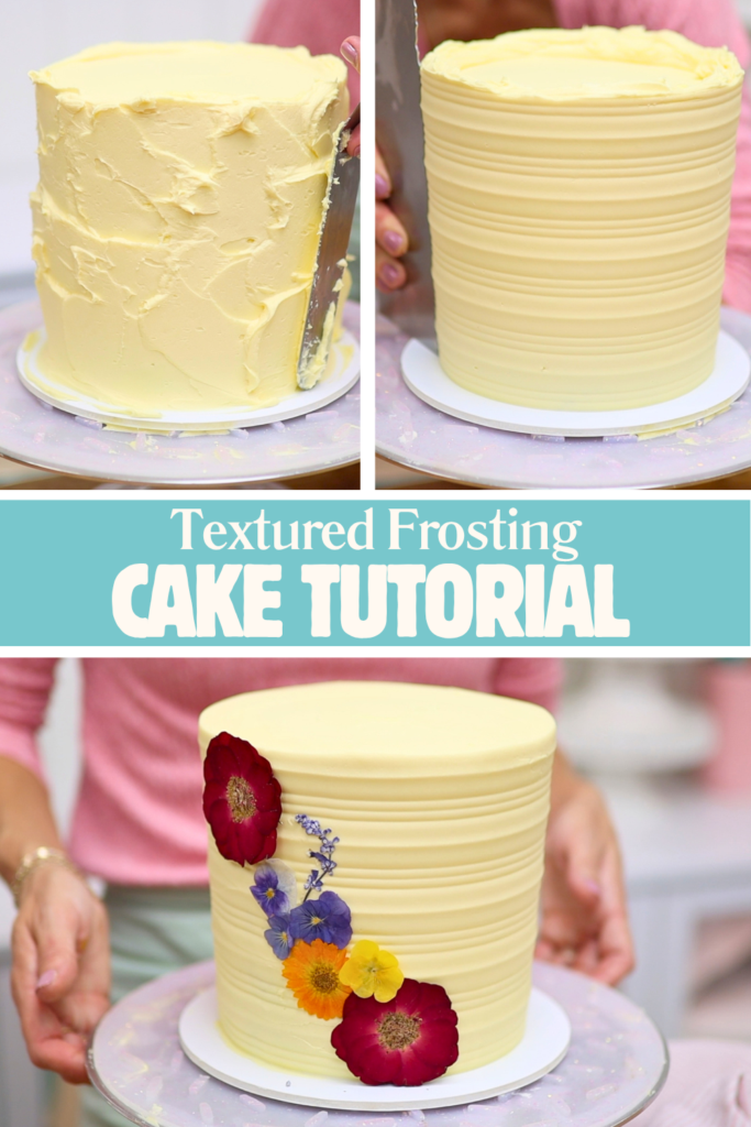Buttercream cake with textured frosting being decorated with colourful dried flowers.