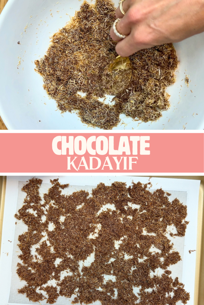 chocolate kadayif mixture being mixed in a bowl and spread onto a parchment-lined tray.