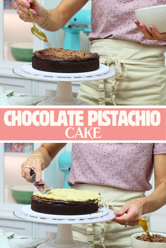 chocolate cake layers stacked with chocolate ganache and pistachio buttercream to make a chocolate pistachio cake.