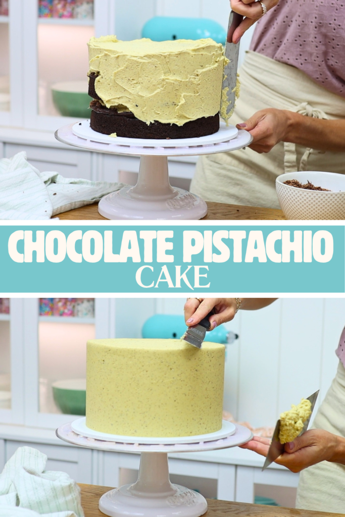 chocolate pistachio cake being assembled and covered with pale green pistachio buttercream.