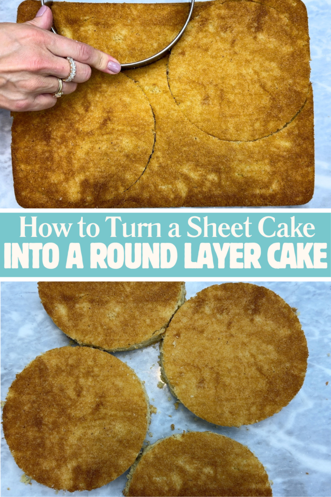 Round cake layers and semicircles being cut from a sheet cake to assemble a round layer cake.