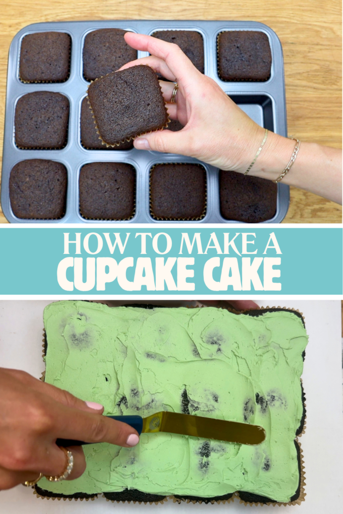 Square cupcakes being assembled and frosted together to create a pull-apart cupcake cake.