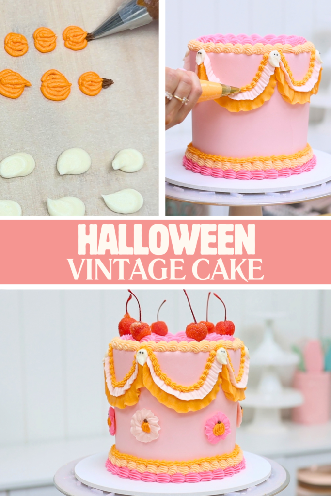 Pink and orange vintage Halloween cake with buttercream pumpkins and layered Lambeth-style piping.