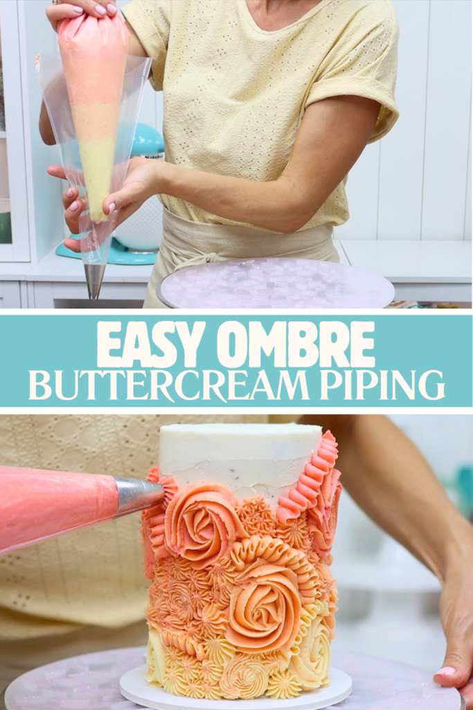 Orange and pink ombré buttercream being piped onto a cake using one bag of layered colours.